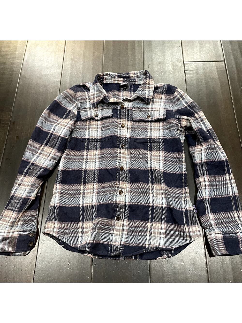 Patagonia Button Up Flannel Organic Cotton Blue Tan White Womens Size XS